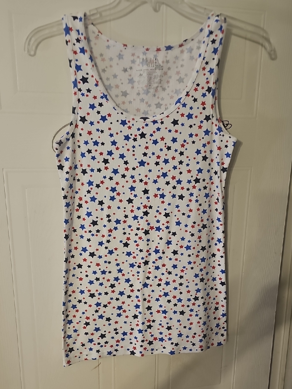 Time and Tru White Ribbed Tank with Red, Blue, and Black Stars
